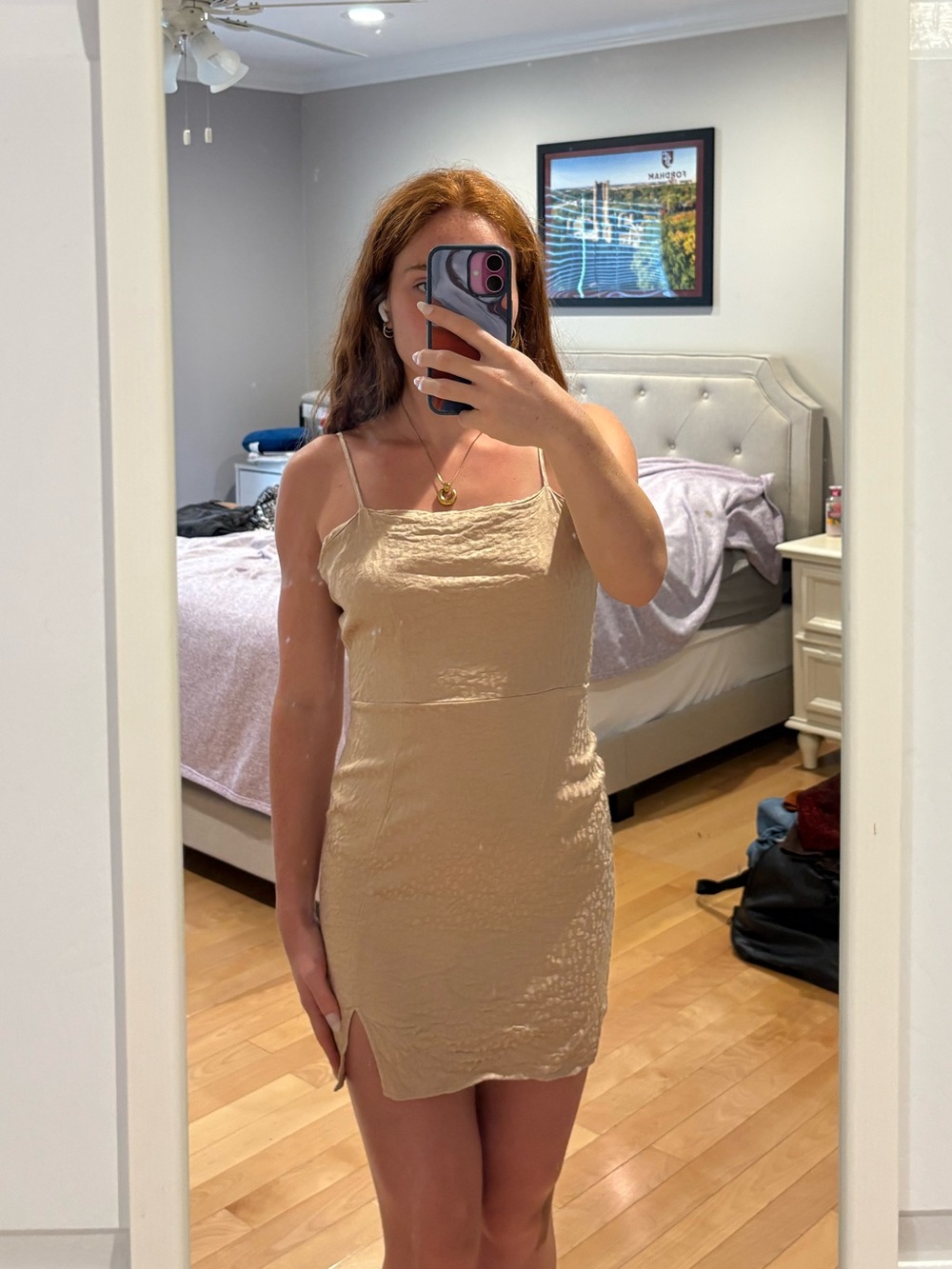 Patterned Champagne Slip Dress with Slit